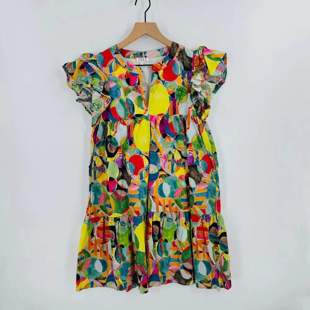 TCEC Vibrant Abstract A-Line Cotton Dress Colorful Tiered Mini Ruffle Size L - Picture 9 of 9